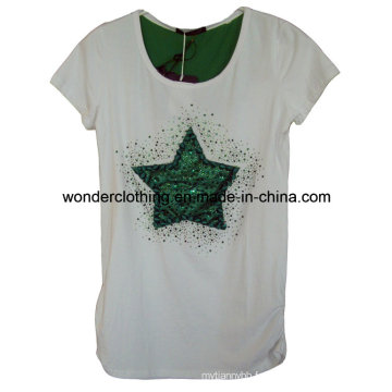 Applique avec strass Fashion été col rond personnalisé blanc dames t-shirt